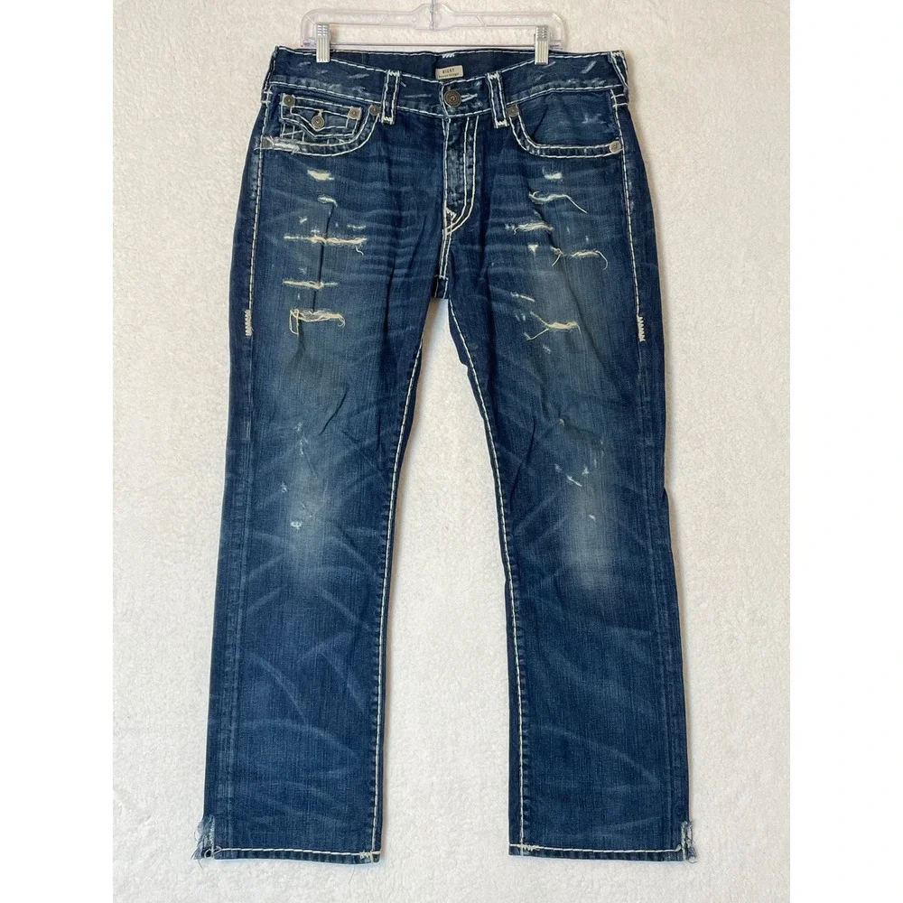 True Religion Ricky Relaxed Straight Super T Distressed Jeans Blue Mens 34